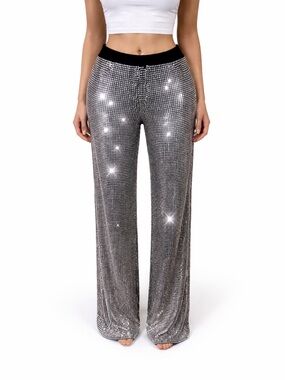 AKIRA Silver Rhinestone Wide Leg Pants Size L | Glam Statement Party Pants